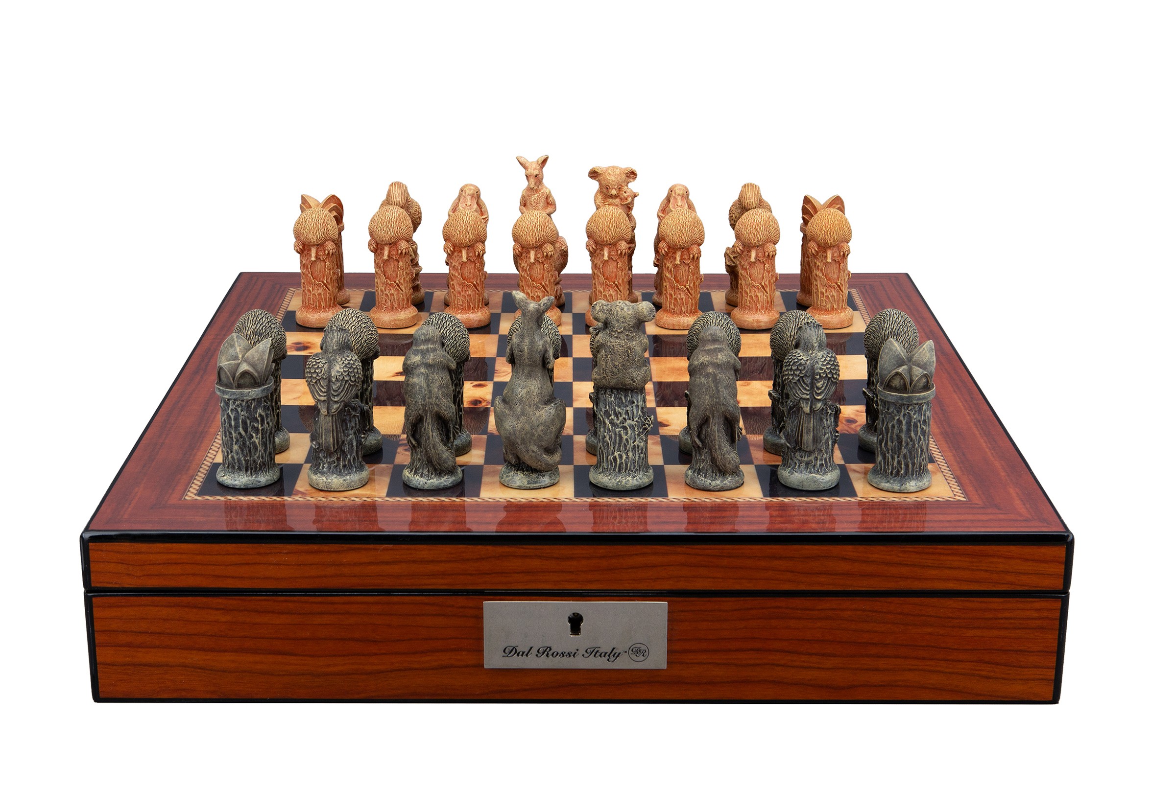 Dal Rossi Hand Paint - Australiana Chessmen on a Walnut Finish Shiny Chess Box with Compartments 16"