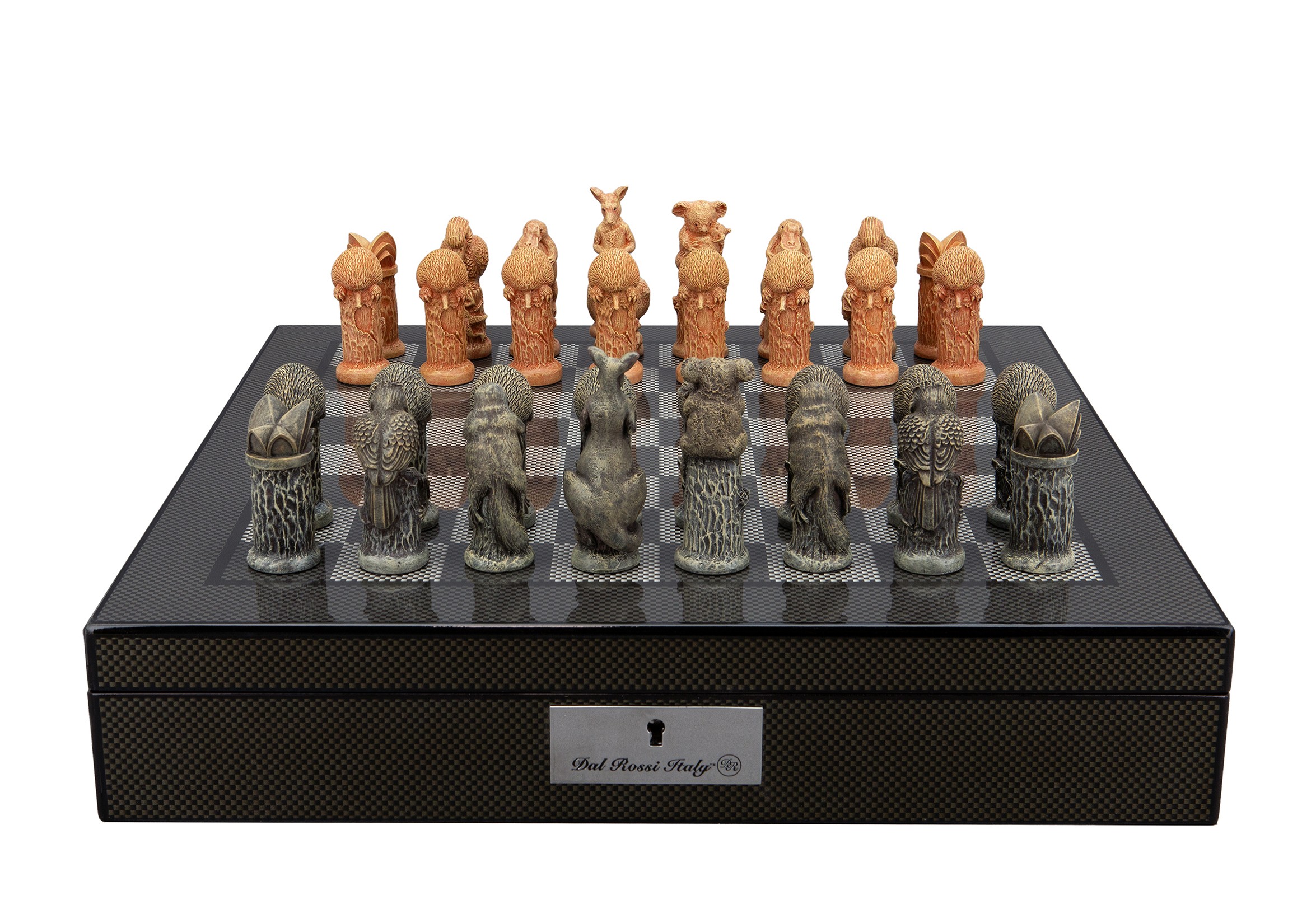 Dal Rossi Hand Paint - Australiana Chessmen on a Carbon Fibre Finish Shiny Chess Box with Compartments 16"