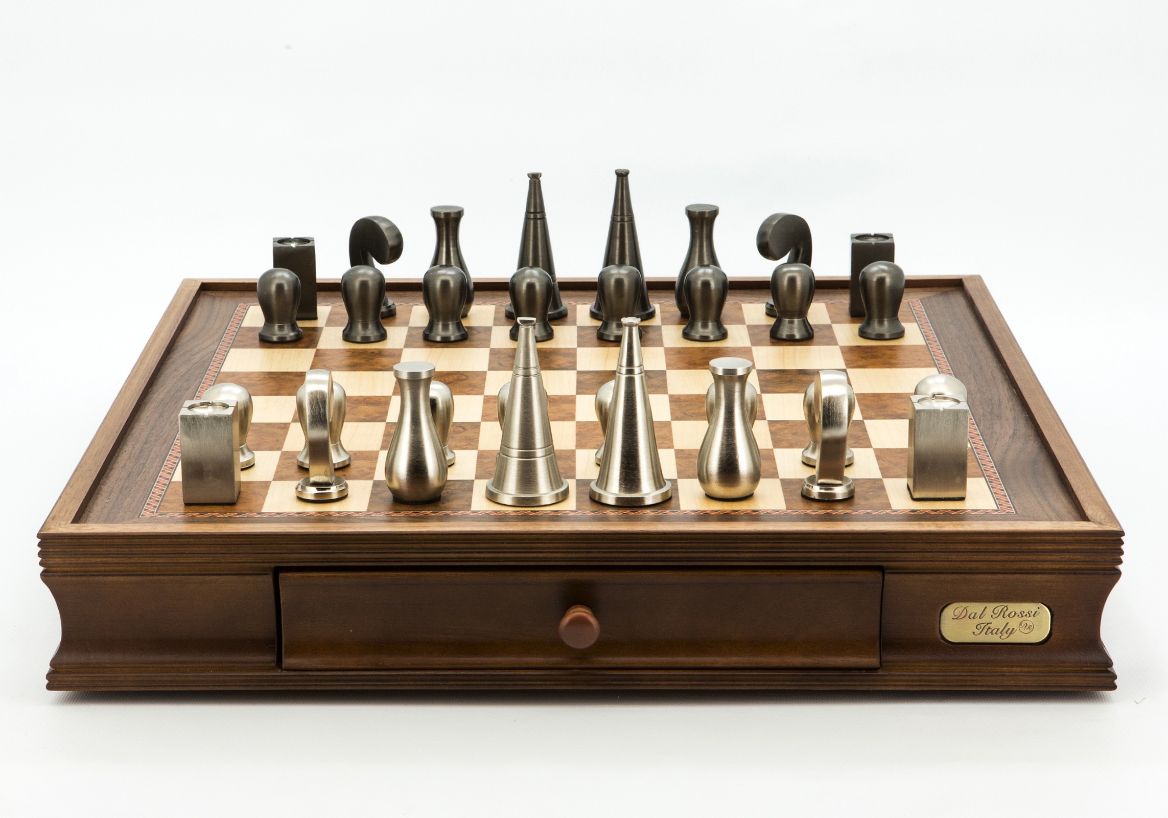 Dal Rossi Italy Chess Set Walnut Finish 16″ With Two Drawers, Metal Dark Titanium and Silver 90mm Chessmen