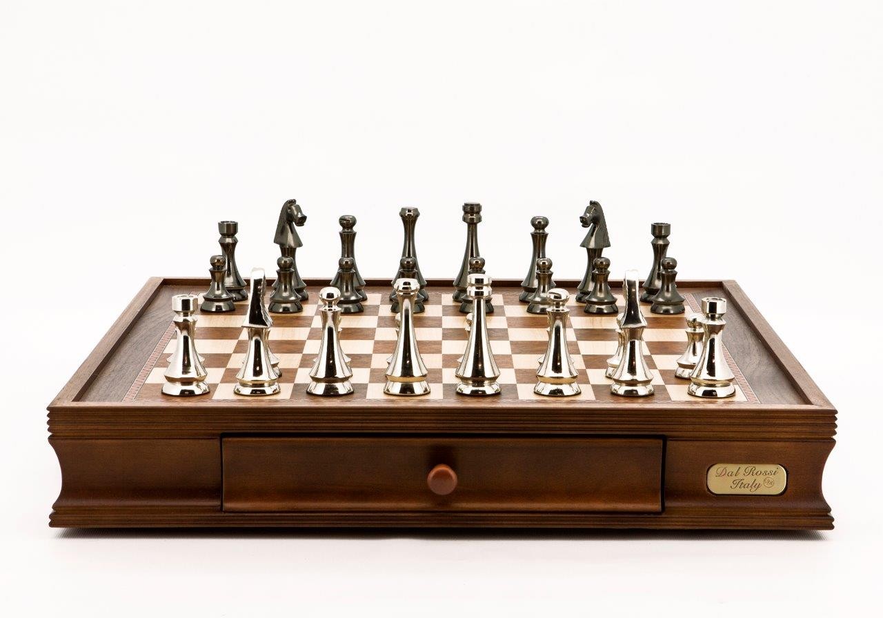 Dal Rossi Italy Chess Set Walnut Finish 20″ With Two Drawers, With Metal Dark Titanium and Silver chessmen 85mm