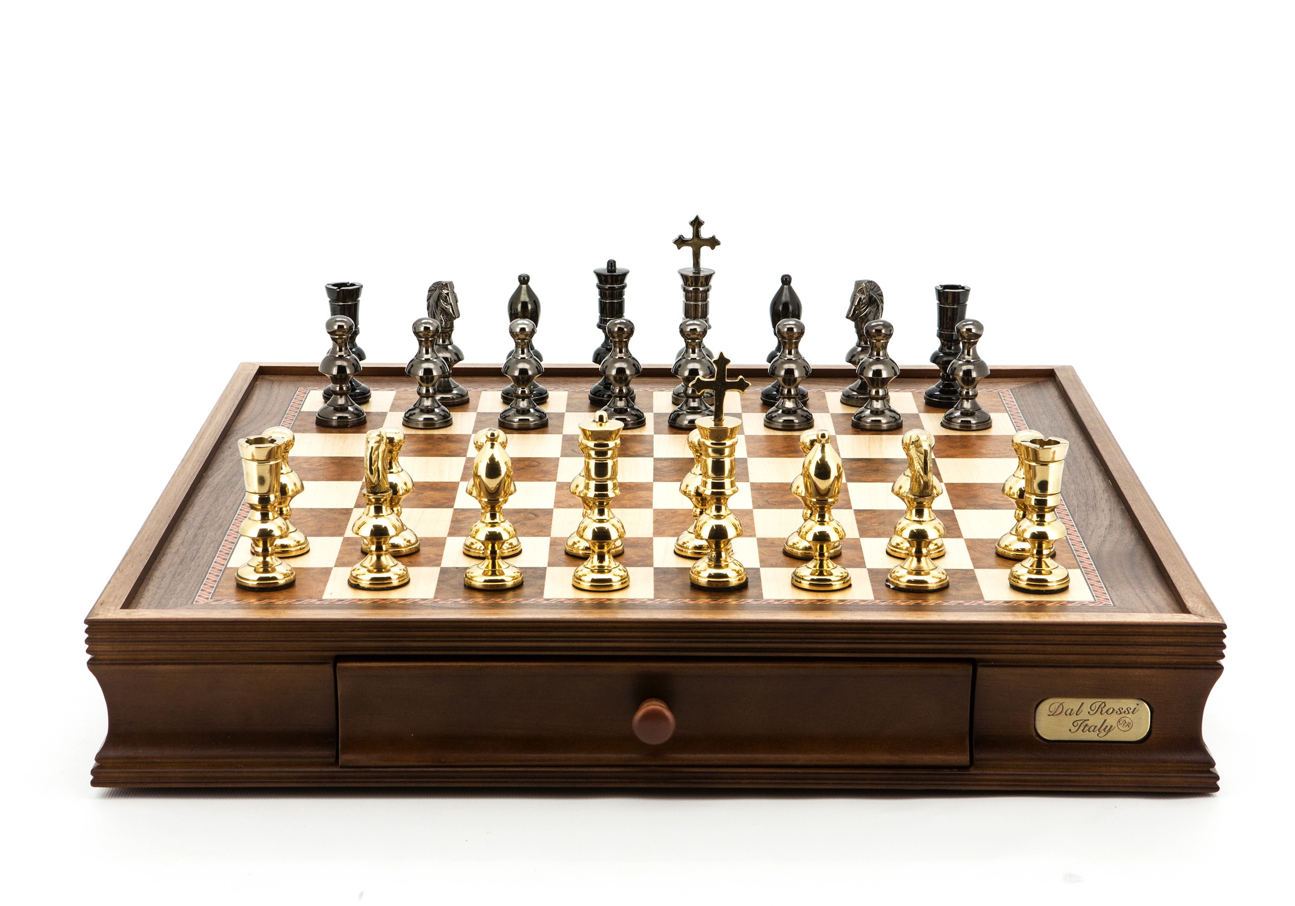 Dal Rossi Italy Chess Set Walnut Finish 20″ With Two Drawers, With Metal Dark Titanium and Gold Chessmen 110mm 
