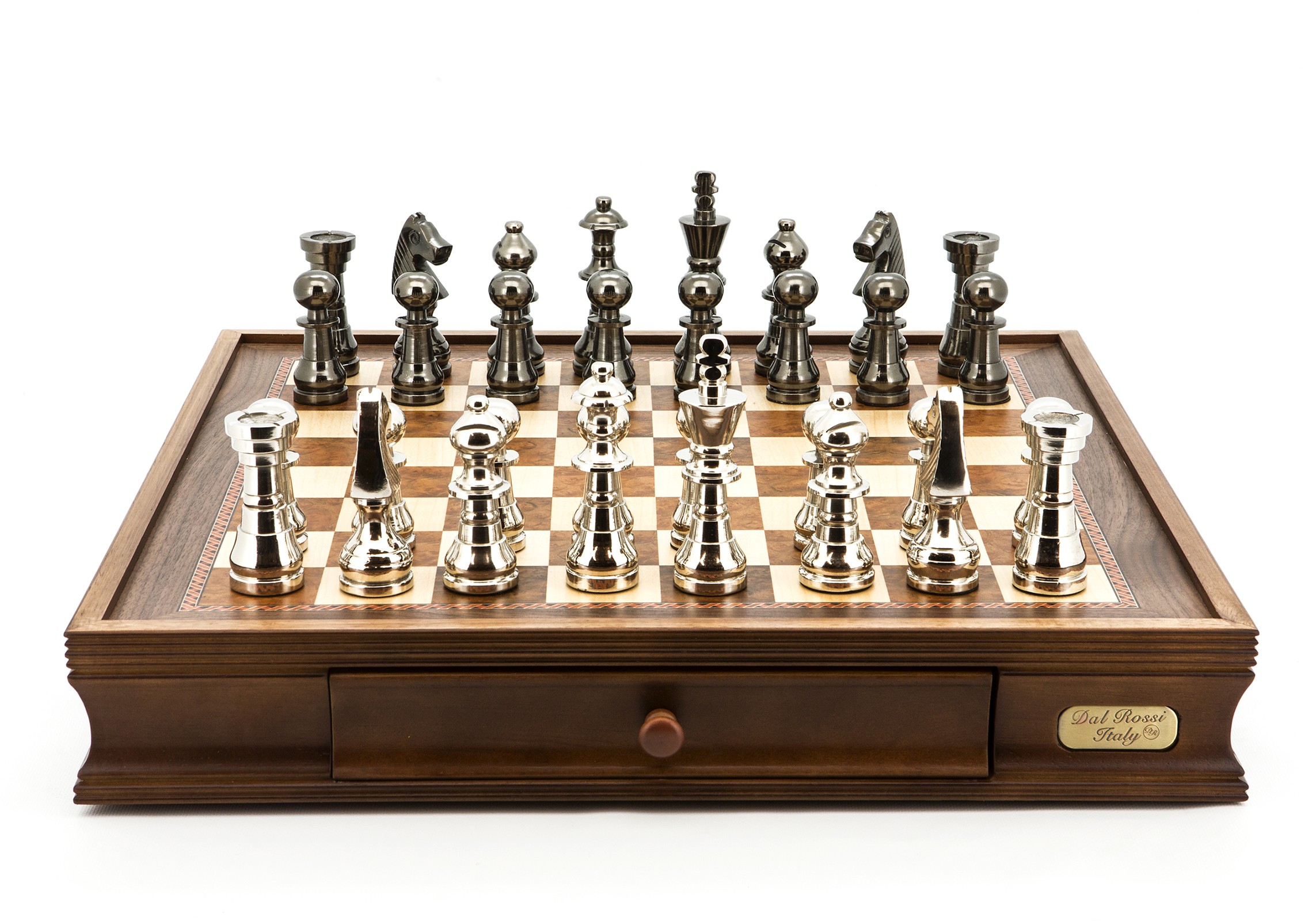 Dal Rossi Italy Chess Set Walnut Finish 20″ With Two Drawers, With Metal Dark Titanium and Silver chessmen 115mm