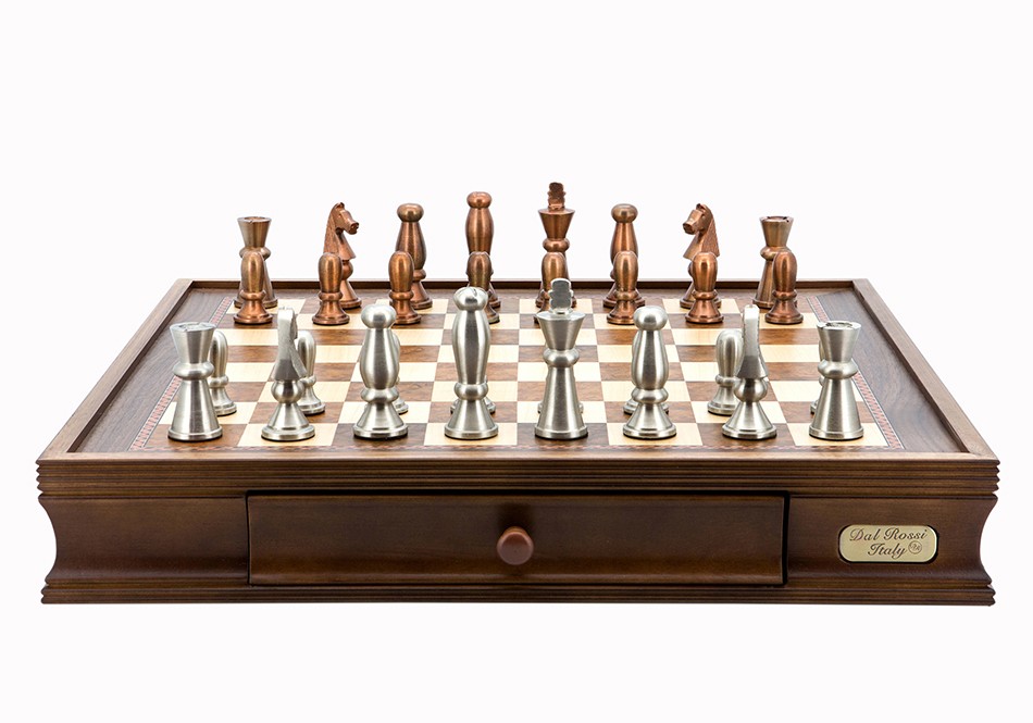 Dal Rossi Italy Chess Set Walnut Finish 20″ With Two Drawers, With Copper & Silver Weighted Metal Chess Pieces 85mm