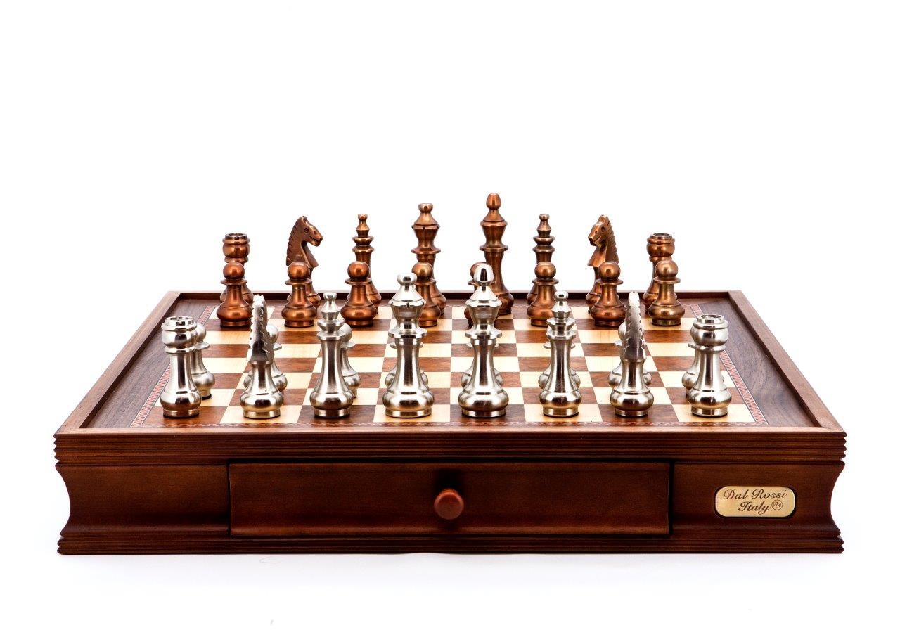 Dal Rossi Italy Chess Set Walnut Finish 20″ With Two Drawers, With Copper & Silver Weighted Metal Chess Pieces 100mm pieces