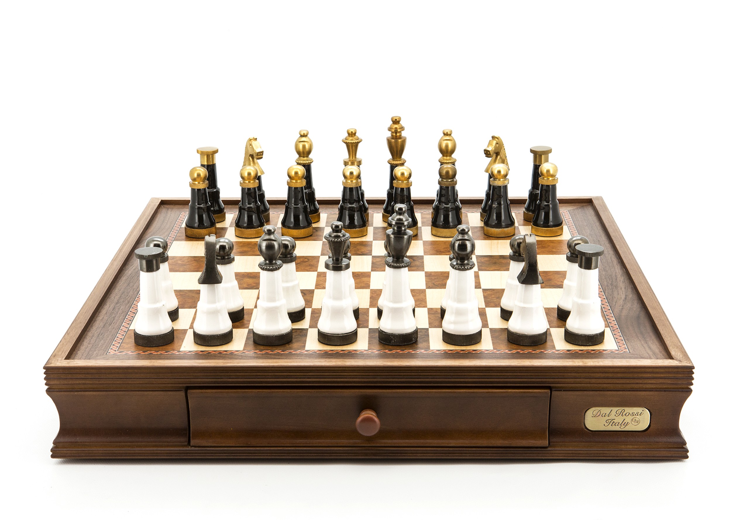 Dal Rossi Italy Chess Set Walnut Finish 20″ With Two Drawers, With Black and White with Gold and Gun Metal Tops and Bottoms Chessmen 110mm 