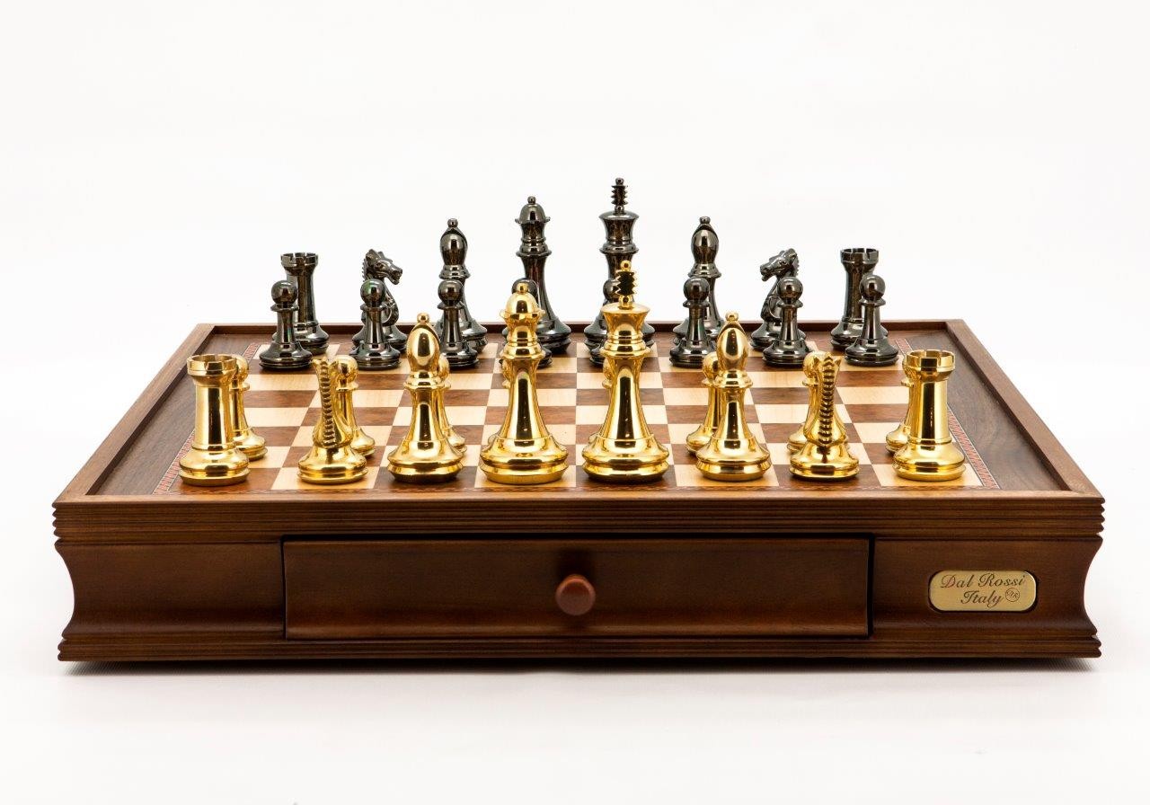 Dal Rossi Italy Chess Set Walnut Finish Withy Two Drawers 20″, With Very Heavy Brass Staunton Gold and Silver chessmen 110mm