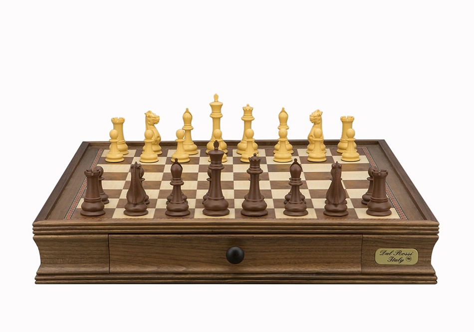 Dal Rossi Italy Chess Set Walnut Finish 20″ With Two Drawers, Queen Gambit Chessmen 90mm 