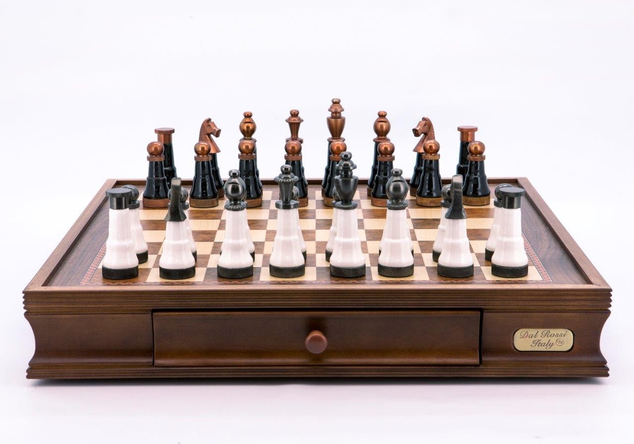 Dal Rossi Italy Chess Set Walnut Finish 20″ With Two Drawers, With Black and White Copper and Gun Metal Gray Tops Pieces 110mm