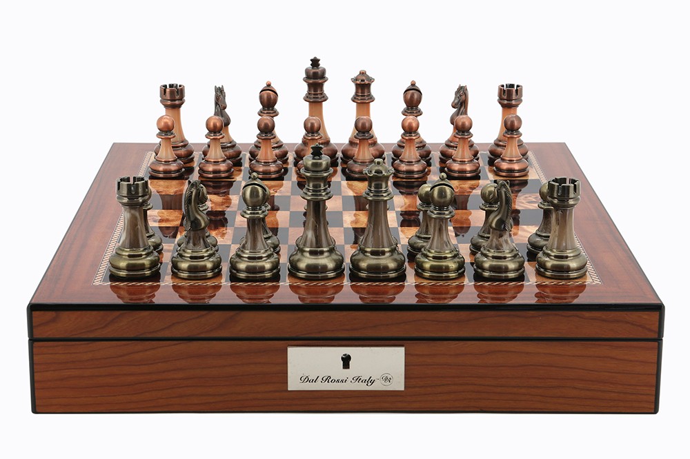 Dal Rossi Italy Walnut Finish chess box with lock & compartments 16” with Antique Chessmen