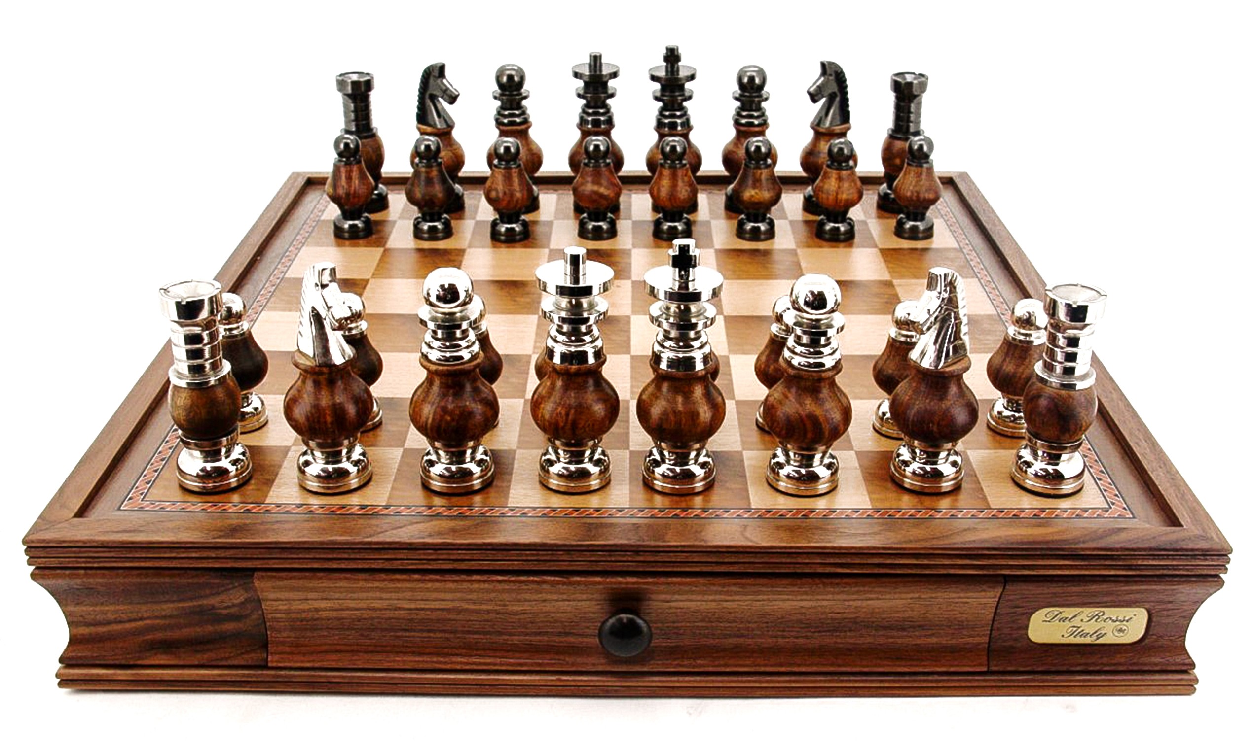 Dal Rossi LARGE Metal Wood Chess Set With Two Drawers 20" Walnut Finish