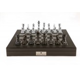 Dal Rossi Italy Silver/Titanium Chess Set on Carbon Fibre Shiny Finish Chess Box 20” with compartments