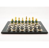 Dal Rossi Italy Chess Set Flat  Black/Erable Board 50cm, With Gray and Green Gold and Silver Metal Tops and Bottoms Chess Pieces 90mm