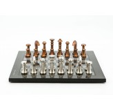 Dal Rossi Italy Chess Set Flat  Carbon Fibre Finish Board 40cm, With Metal Copper and silver Chessmen 80mm