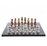 Dal Rossi Italy Chess Set Carbon Fibre Finish Flat Board 40cm, With Copper & Silver Weighted Metal Chess Pieces 85mm pieces