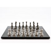 Dal Rossi Italy Chess Set Flat  Carbon Fibre Board 50cm, With Metal Dark Titanium and Silver chessmen 85mm