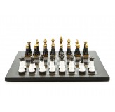 Dal Rossi Italy Chess Set Flat  Carbon Fibre Board 50cm, With Black and White with Gold and Gun Metal Tops and Bottoms Chessmen 110mm