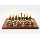 Dal Rossi Italy Chess Set Mahogany Maple Flat Board 40cm, With Gray and Green Gold and Silver Metal Tops and Bottoms Chess Pieces 90mm