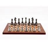 Dal Rossi Italy Chess Set Mahogany Maple Flat Board 40cm, With Metal Dark Titanium and Silver chessmen 85mm