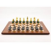 Dal Rossi Italy Chess Set Mahogany Maple Flat Board 50cm, With Gray and Green Gold and Silver Metal Tops and Bottoms Chess Pieces 90mm