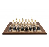 Dal Rossi Italy, Black and White with Gold and Silver Tops and Bottoms Chessmen 90mm on a Walnut Inlaid, 50cm Chess Board