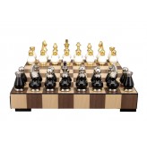 Dal Rossi Italy, Black and White with Gold and Silver Tops and Bottoms Chessmen 90mm on a Chess Set with Drawer 14"
