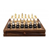 Dal Rossi Italy, Black and White with Gold and Silver Tops and Bottoms Chessmen 90mm on a Walnut Box with Drawer 15"