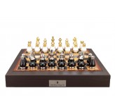 Dal Rossi Italy, Black and White with Gold and Silver Tops and Bottoms Chessmen 90mm on a Brown PU Leather Bevelled Edge chess box with compartments 18"