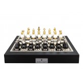 Dal Rossi Italy, Black and White with Gold and Silver Tops and Bottoms Chessmen 90mm on a Black PU Leather Bevelled Edge chess box with compartments 18"
