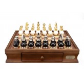 Dal Rossi Italy, Black and White with Gold and Silver Tops and Bottoms Chessmen 90mm on a Walnut Chess Box with Drawers 16"