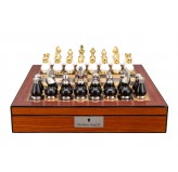 Dal Rossi Italy, Black and White with Gold and Silver Tops and Bottoms Chessmen 90mm on a Walnut Finish Shiny Chess Box with Compartments 16"