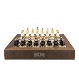 Dal Rossi Italy, Black and White with Gold and Silver Tops and Bottoms Chessmen 90mm  on a Walnut Inlaid Chess Box with Compartments 20"