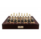 Dal Rossi Italy, Black and White with Gold and Silver Tops and Bottoms Chessmen 90mm on a Mahogany Finish Shiny Chess Box with Compartments 20"