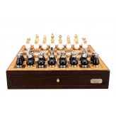 Dal Rossi Italy, Black and White with Gold and Silver Tops and Bottoms Chessmen 90mm  on a Shiny Walnut Chess Box with two Drawers 18"