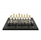 Dal Rossi Italy, Black and White with Gold and Silver Tops and Bottoms Chessmen 90mm on a Carbon Fibre Shiny Finish, 40cm Chess Board