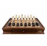 Dal Rossi Italy, Black and White with Gold and Silver Tops and Bottoms Chessmen 90mm on a Walnut Chess Box with Drawers 20"