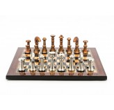 Dal Rossi Italy Chess Set Flat  Walnut Shiny Finish Board 40cm, With Metal Copper and silver Chessmen 80mm