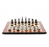 Dal Rossi Italy Chess Set Walnut Finish Flat Board 50cm, With Metal Dark Titanium and Silver 90mm Chessmen