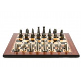 Dal Rossi Italy Chess Set Flat  Walnut Finish Board 50cm, With Metal Dark Titanium and Silver chessmen 85mm