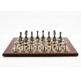 Dal Rossi Italy Chess Set Walnut Finish Flat Board 50cm, With Metal Dark Titanium and Silver chessmen 85mm