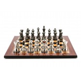Dal Rossi Italy Chess Set Flat  Walnut Finish Board 50cm, With Metal Dark Titanium and Silver chessmen 115mm