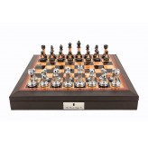 Dal Rossi 16" Chess Set Walnut Finish Chess Set with PU Leather Edge with compartments and Metal / Marble Finish Chess Pieces