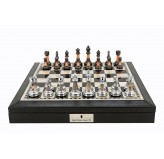 Dal Rossi 16" Chess Set Black Finish Chess Set with PU Leather Edge with compartments and Metal / Marble Finish Chess Pieces