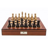 Dal Rossi Black Ebony and Box Wood Finish Chess Set on Walnut Finish Chess Box 20” with compartments