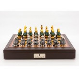 Dal Rossi Italy Chess Set 18” Brown with PU Leather Edge with compartments, With Gray and Green Gold and Silver Metal Tops and Bottoms Chess Pieces 90mm
