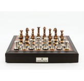 Dal Rossi Italy Chess Set 18” Brown with PU Leather Bevelled Edge with compartments, With Metal Copper and silver Chessmen 80mm