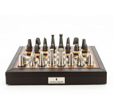 Dal Rossi Italy Chess Set 18” Brown with PU Leather Edge with compartments, With Metal Dark Titanium and Silver chessmen 85mm