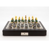 Dal Rossi Italy Chess Set 18” Black and White with PU Leather Black Edge with compartments, With Gray and Green Gold and Silver Metal Tops and Bottoms Chess Pieces 90mms