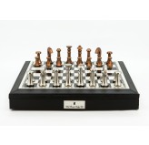 Dal Rossi Italy Chess Set 18” Black and White, With Black PU Leather Bevelled Edge with compartments, With Metal Copper and silver Chessmen 80mm