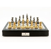 Dal Rossi Italy Chess Set 18" Black and White with PU Leather Black Edge with compartments, With Very Heavy Brass Staunton Gold and Silver chessmen 110mm 