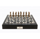 Dal Rossi Italy Black PU Leather Bevilled Edge chess box with compartments 18" with Medieval Pewter Chessmen